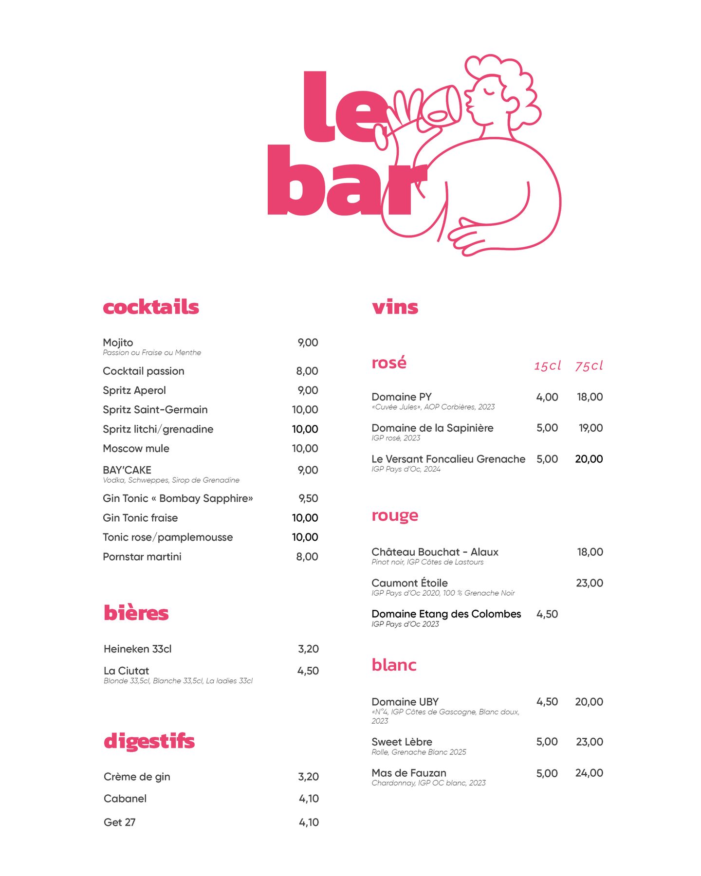 bar cocktails vins bières menu bay cake carcassonne